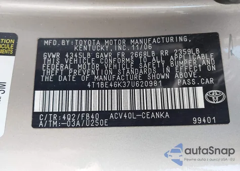 2007 Toyota Camry Le z USA, uszkodzony, nr VIN 4T1BE46K37U620981